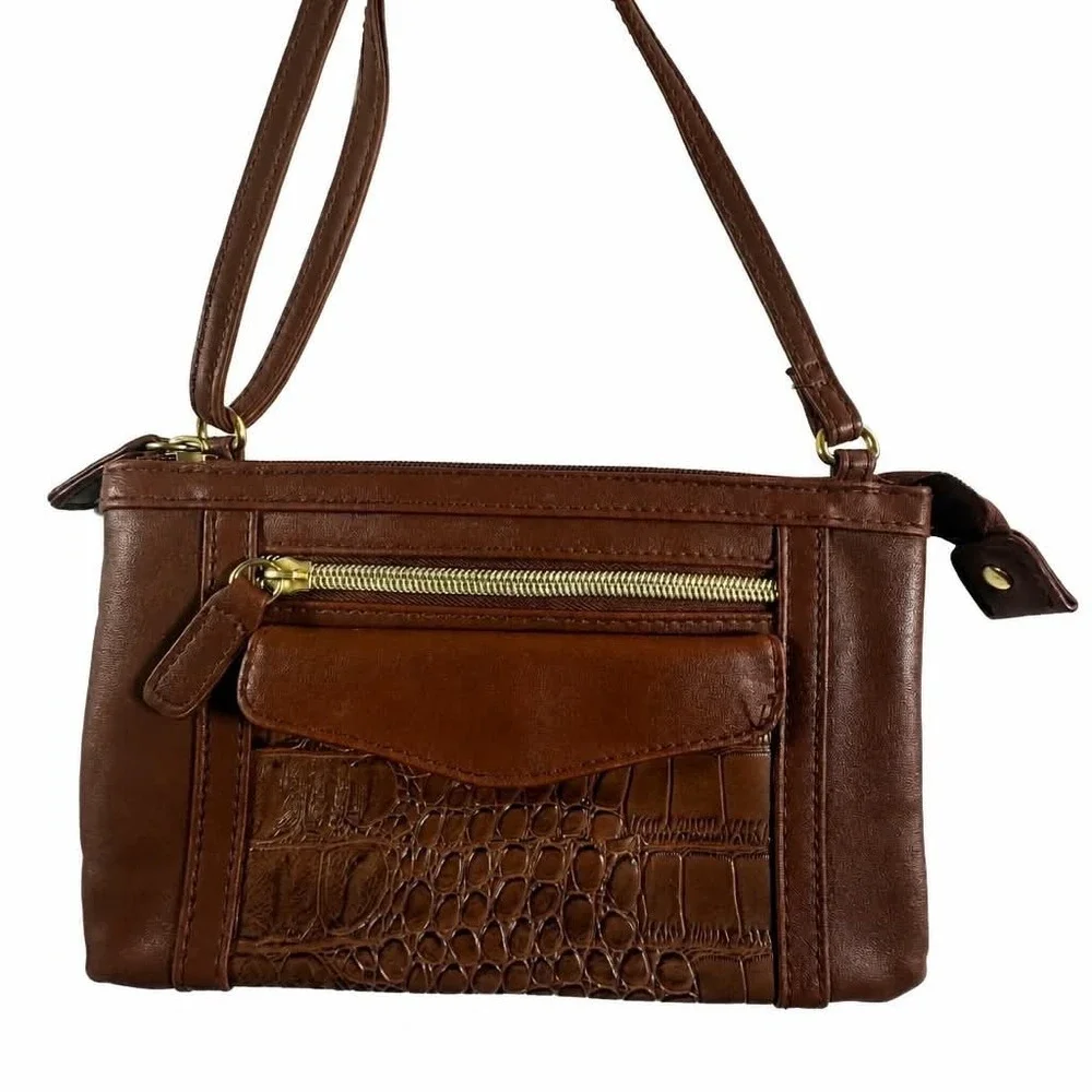 Small Brown Faux Leather Crossbody Purse Crocodile Embossed Trim Travel Wallet